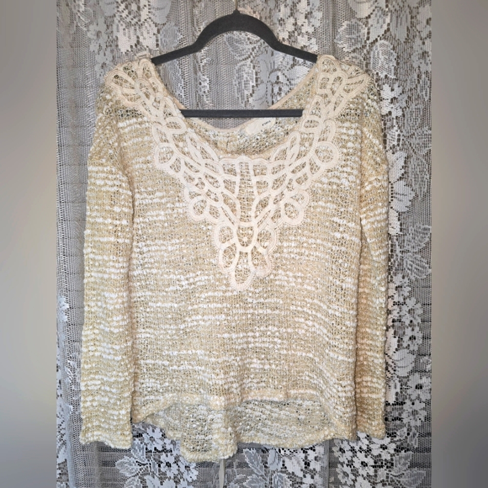 A'reve, Cream Knit Sweater with Lace, Lace Up Back, Womens S. Crochet